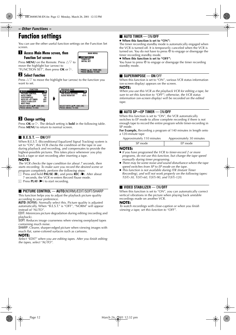 Function settings, Access main menu screen, then function set screen, Select function | Change setting, Other functions | JVC HR-J6008UM User Manual | Page 12 / 16
