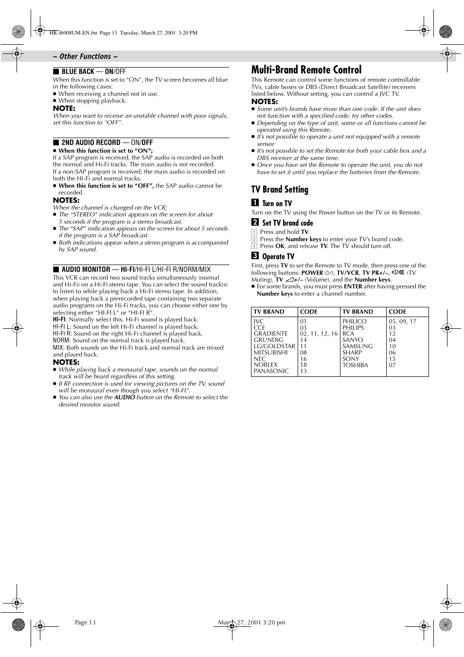 Multi-brand remote control, Tv brand setting a | JVC HR-J6008UM User Manual | Page 13 / 16