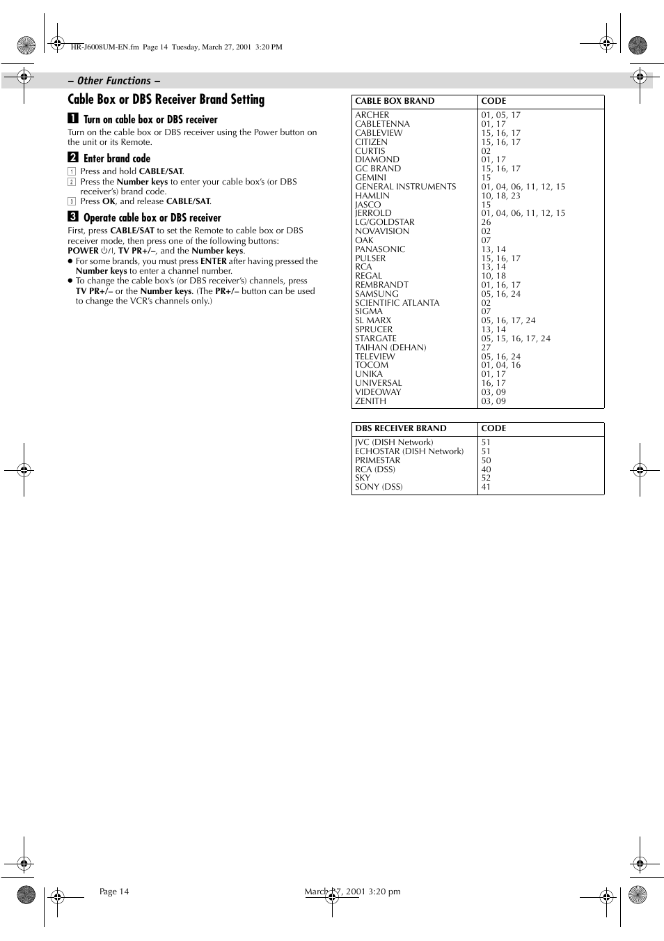 Cable box or dbs receiver brand setting a | JVC HR-J6008UM User Manual | Page 14 / 16