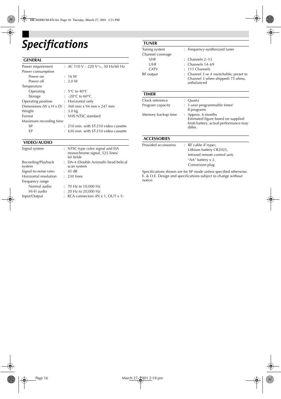 Specifications | JVC HR-J6008UM User Manual | Page 16 / 16