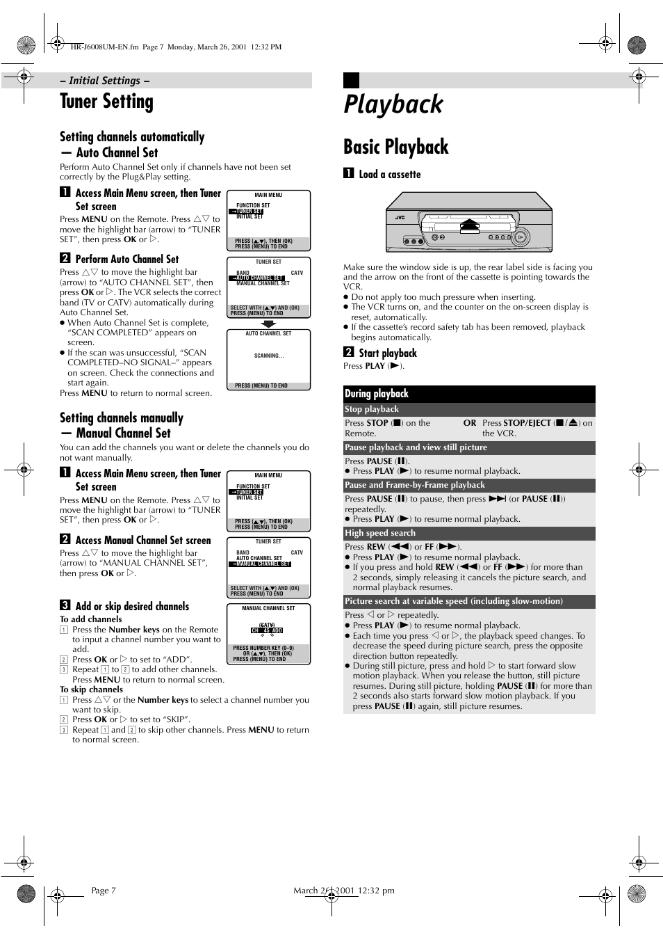 Playback, Tuner setting, Basic playback | Setting channels automatically — auto channel set, Setting channels manually — manual channel set | JVC HR-J6008UM User Manual | Page 7 / 16