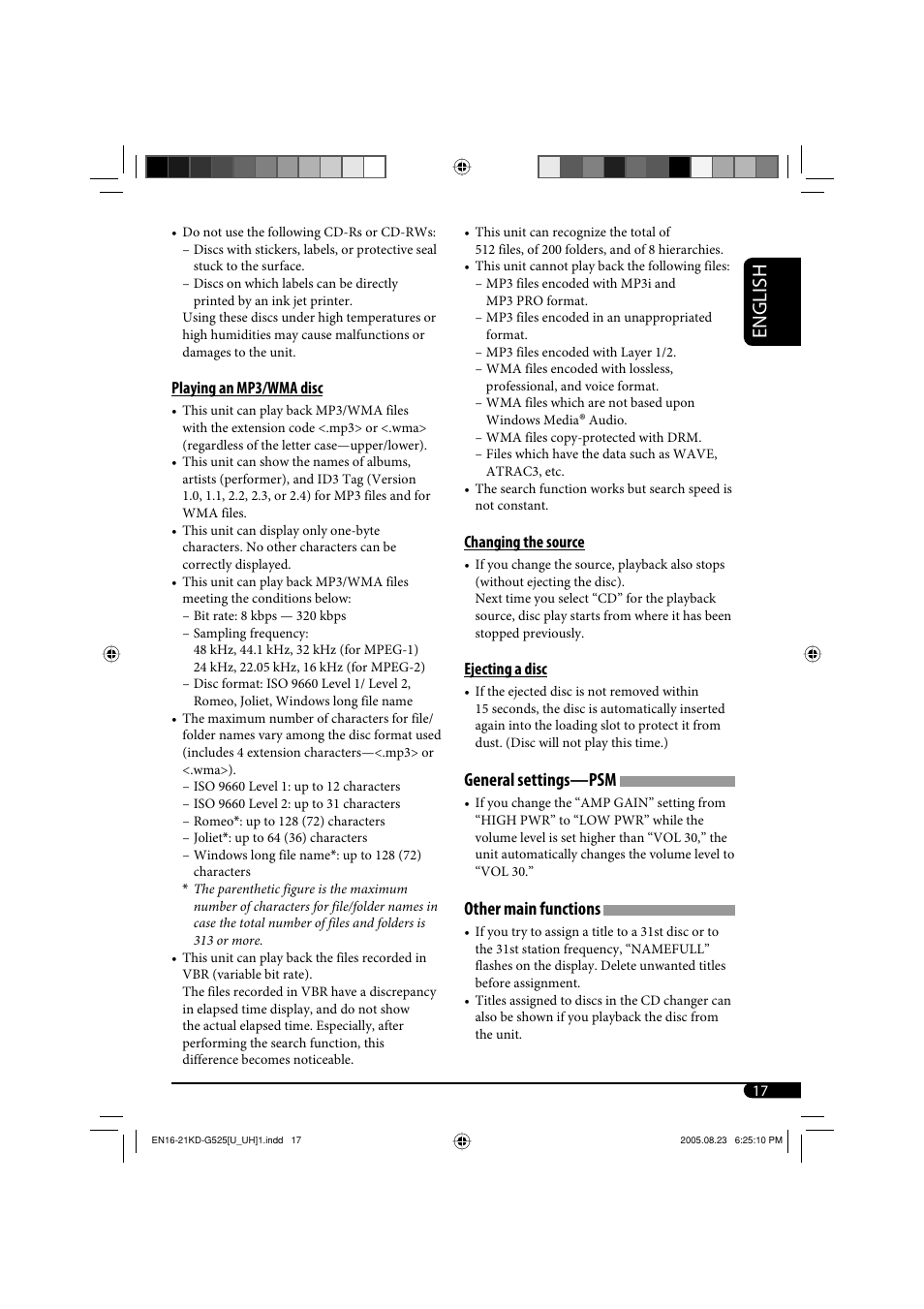 English, General settings—psm, Other main functions | JVC KD-AR470 User Manual | Page 101 / 140
