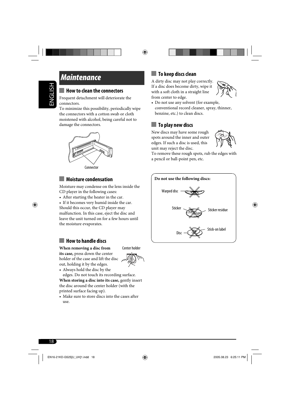 Maintenance, English, How to clean the connectors | Moisture condensation, How to handle discs | JVC KD-AR470 User Manual | Page 102 / 140