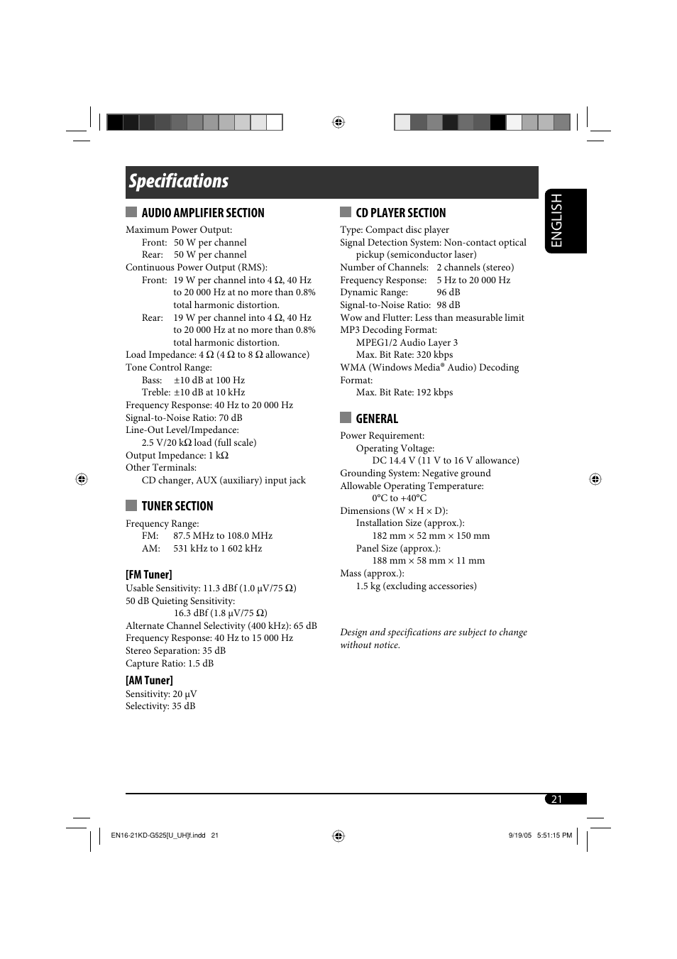 Specifications, English, General | JVC KD-AR470 User Manual | Page 105 / 140