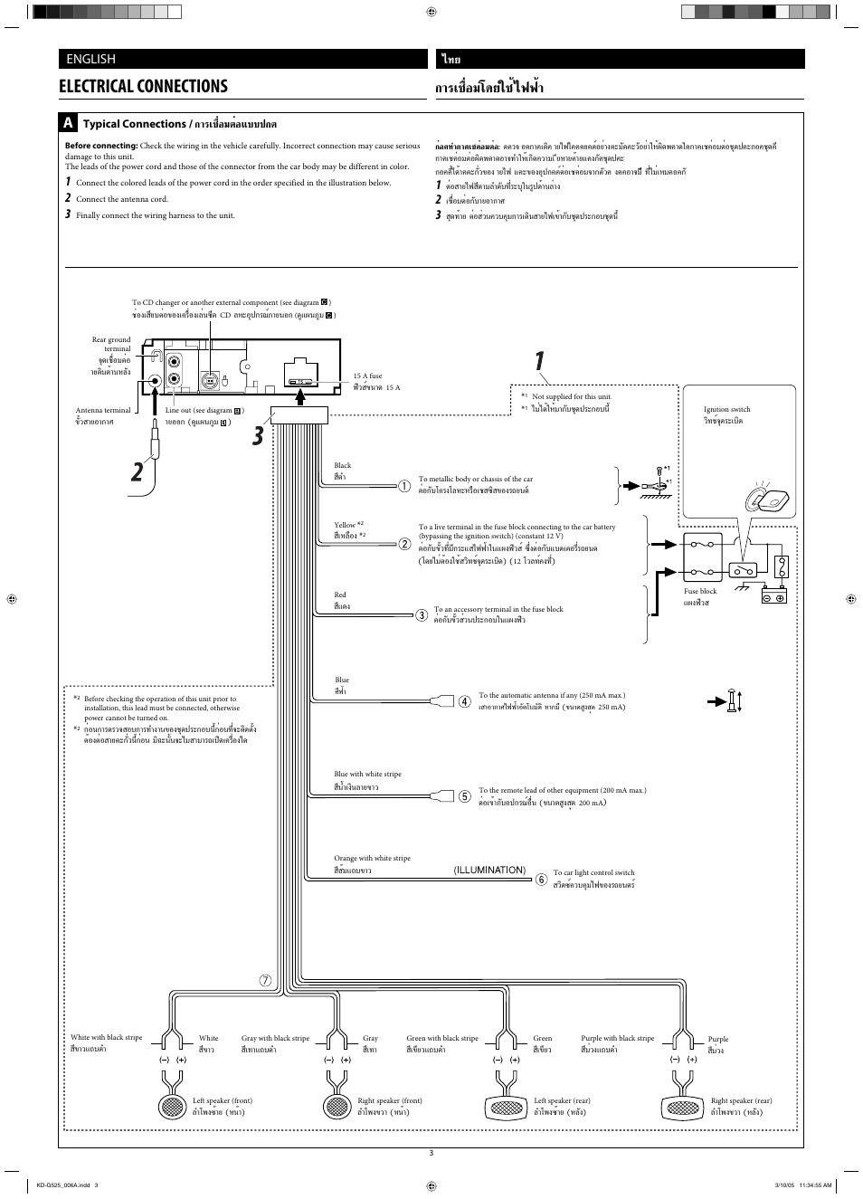 Electrical connections, Лх¡‚¥¬„™и ‰шши, Ëõ¡µëõ·∫∫ª°µ | English, Typical connections | JVC KD-AR470 User Manual | Page 109 / 140
