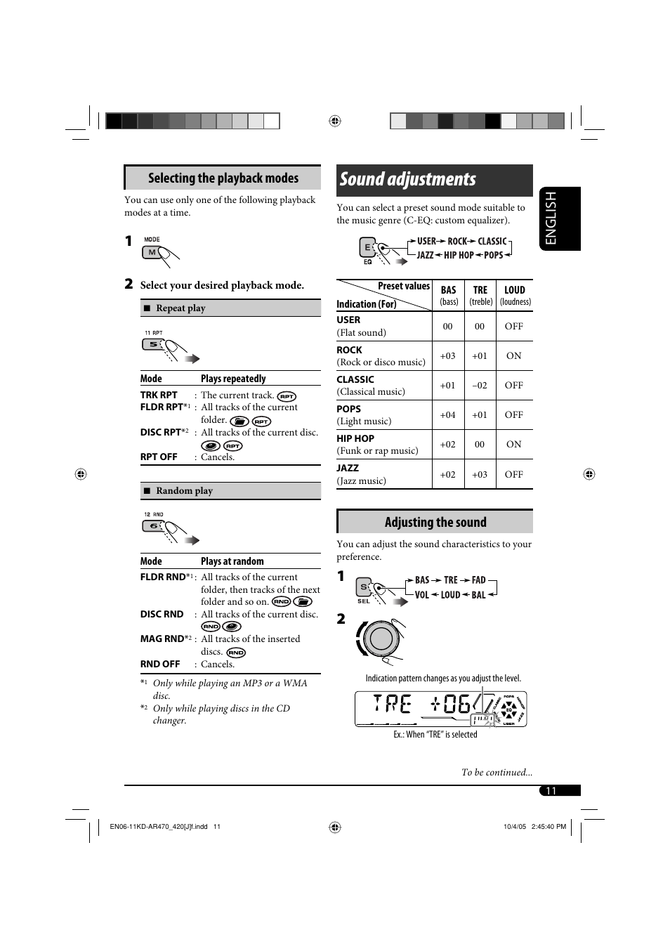 Sound adjustments, English selecting the playback modes, Adjusting the sound | JVC KD-AR470 User Manual | Page 11 / 140