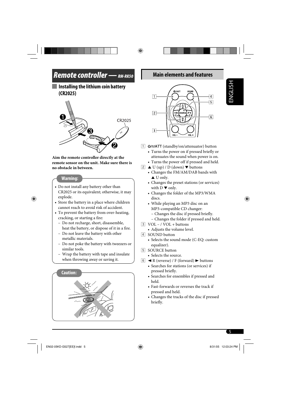 Remote controller — rm-rk50, Remote controller, English | Main elements and features, Installing the lithium coin battery (cr2025) | JVC KD-AR470 User Manual | Page 115 / 140