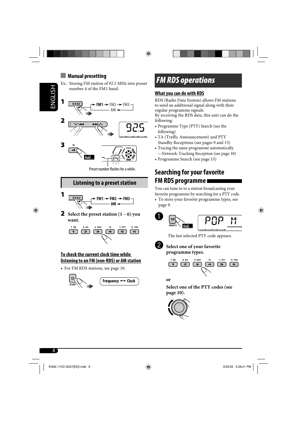 Fm rds operations, Searching for your favorite fm rds programme, English | Listening to a preset station | JVC KD-AR470 User Manual | Page 118 / 140