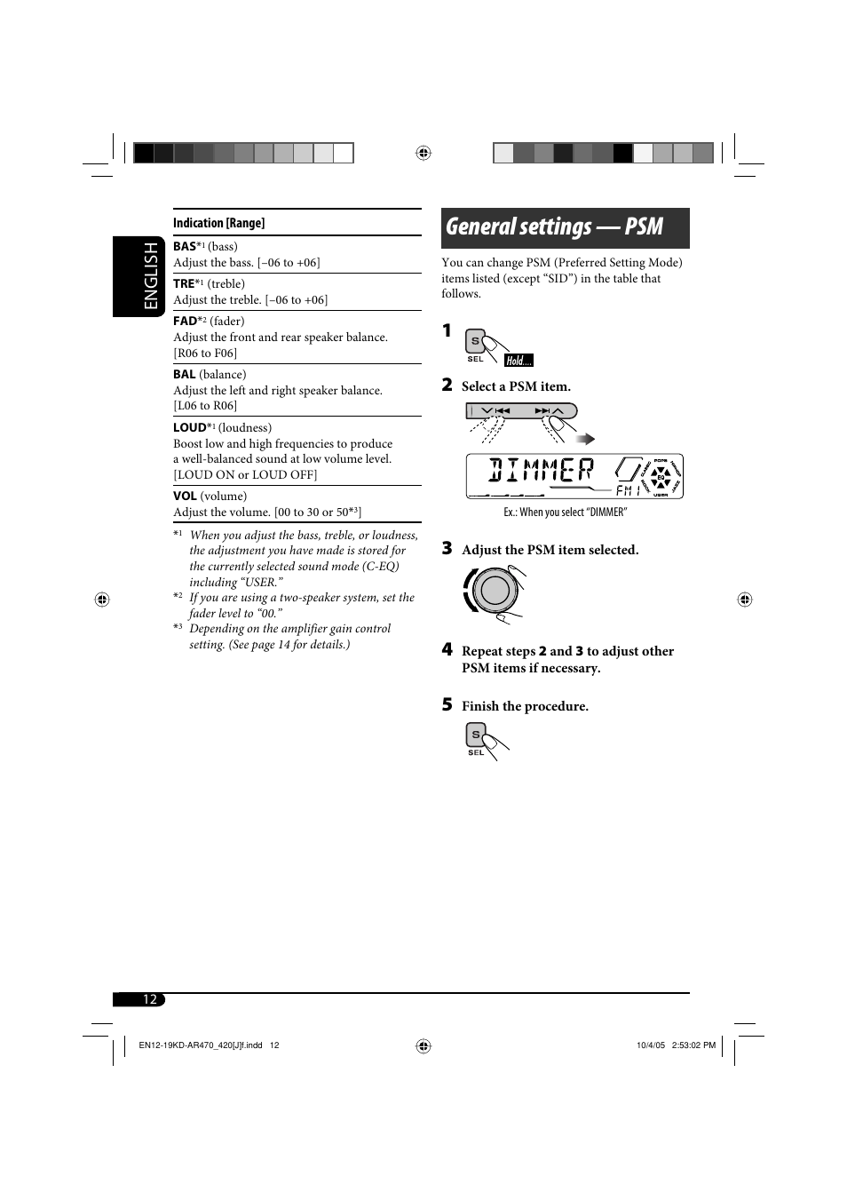General settings — psm, English | JVC KD-AR470 User Manual | Page 12 / 140