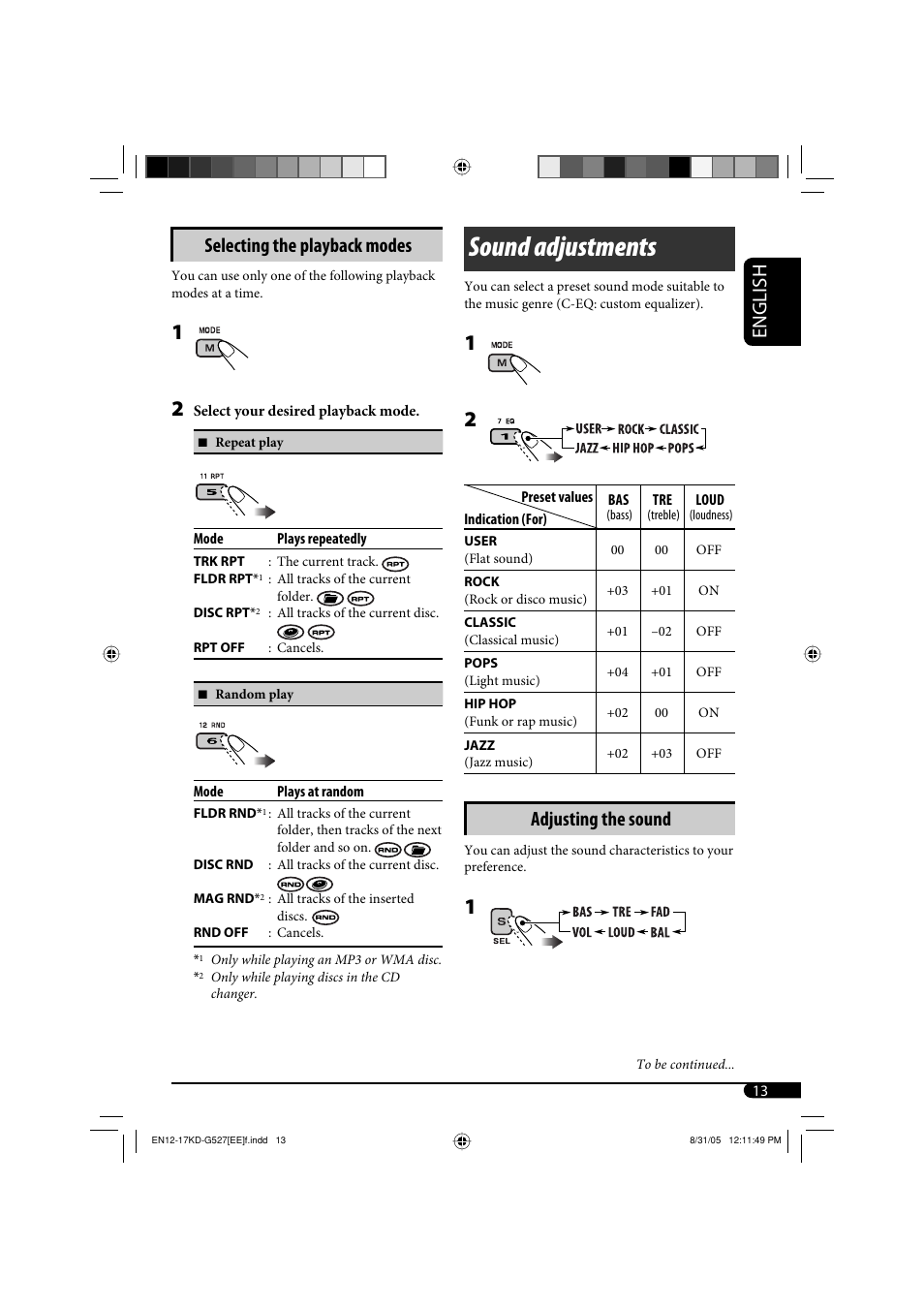 Sound adjustments, English, Selecting the playback modes | Adjusting the sound | JVC KD-AR470 User Manual | Page 123 / 140