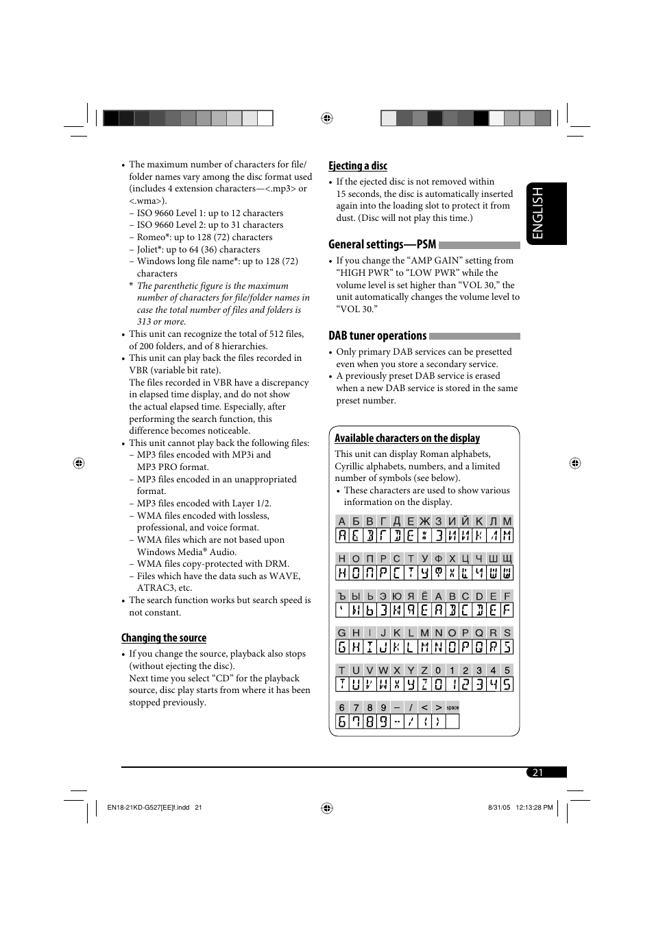 English, General settings—psm, Dab tuner operations | JVC KD-AR470 User Manual | Page 131 / 140