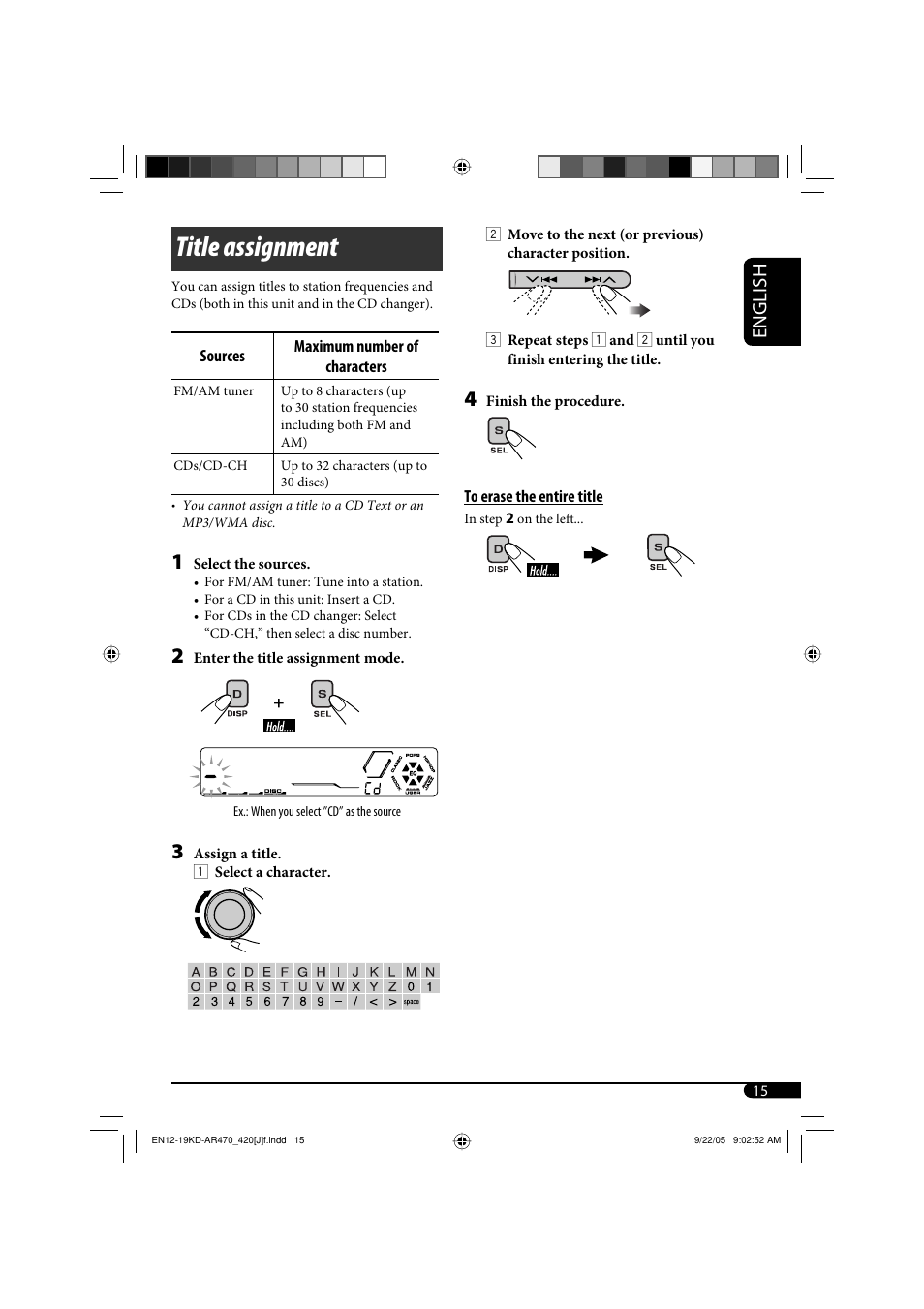 Title assignment, English | JVC KD-AR470 User Manual | Page 15 / 140