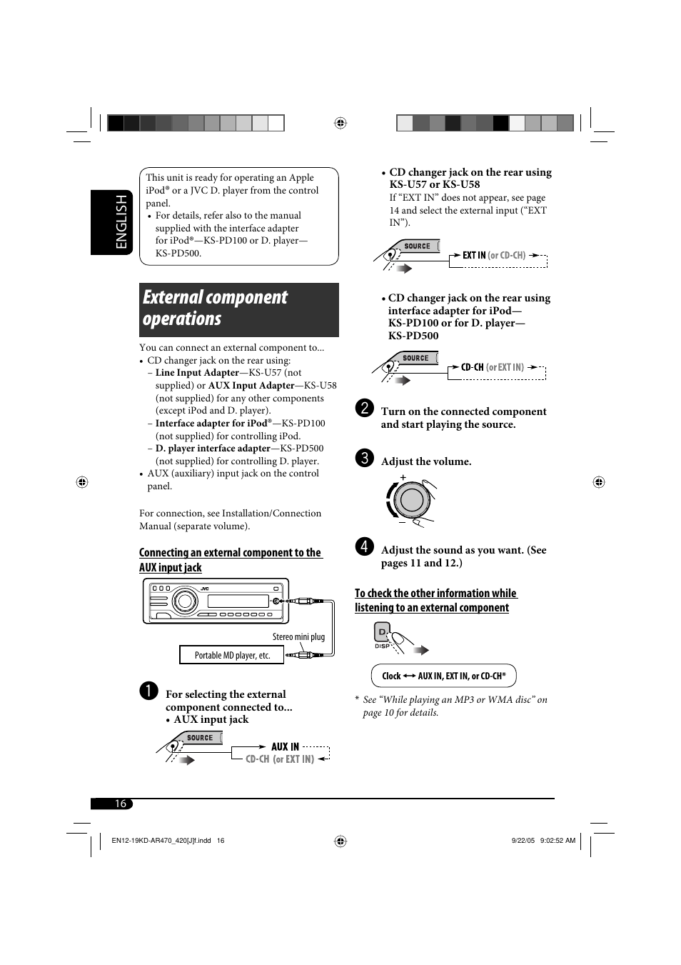 External component operations, English | JVC KD-AR470 User Manual | Page 16 / 140
