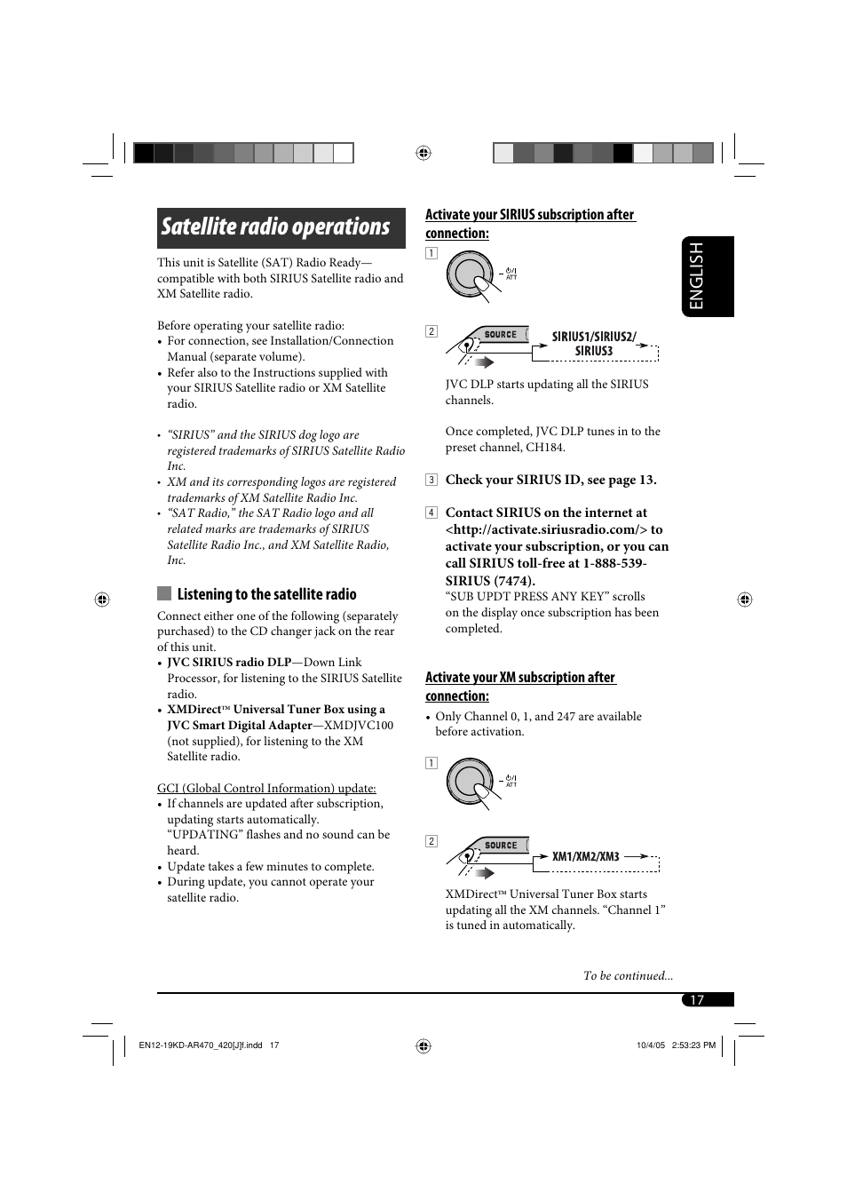 Satellite radio operations, English, Listening to the satellite radio | JVC KD-AR470 User Manual | Page 17 / 140