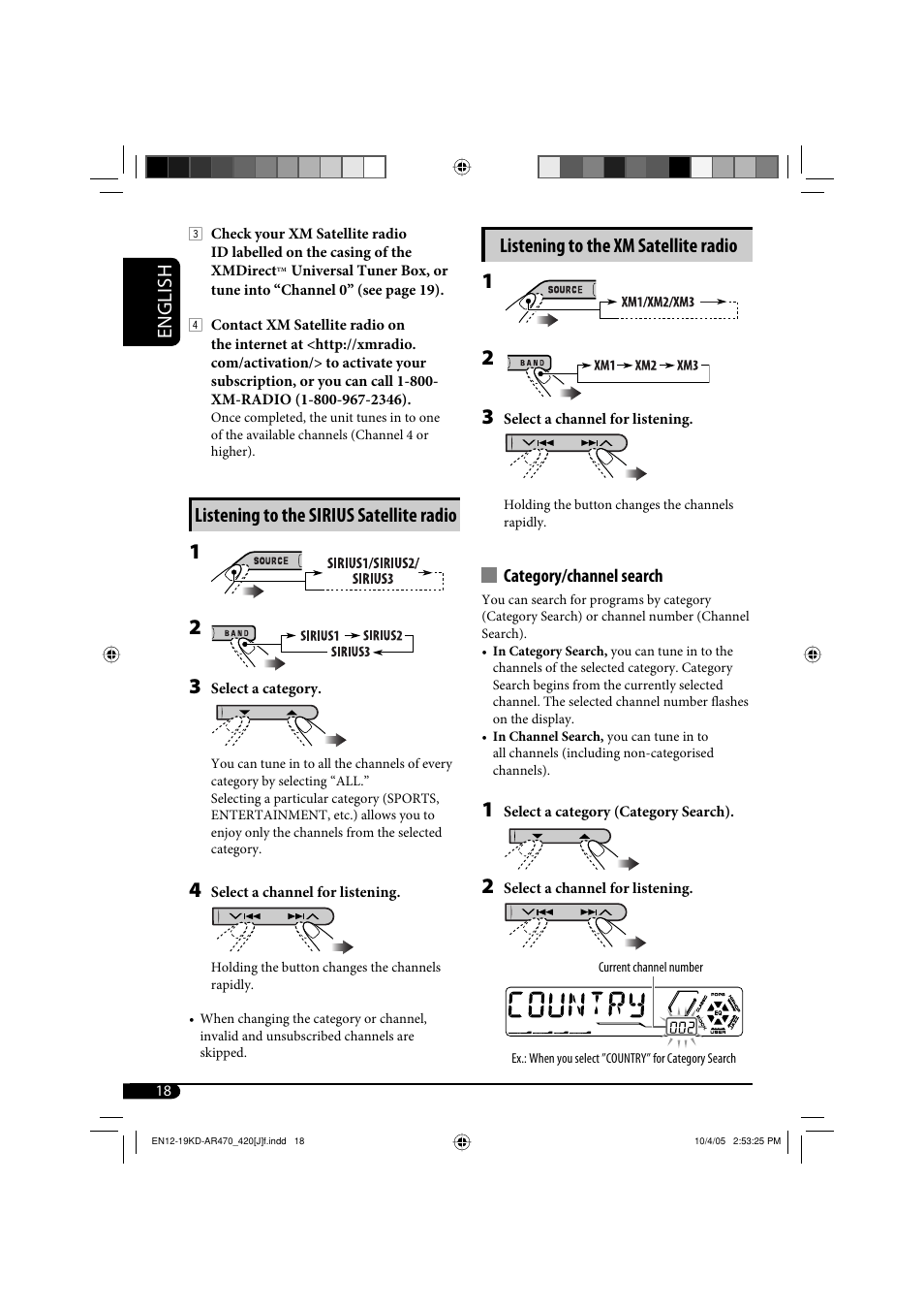 English listening to the xm satellite radio, Listening to the sirius satellite radio | JVC KD-AR470 User Manual | Page 18 / 140