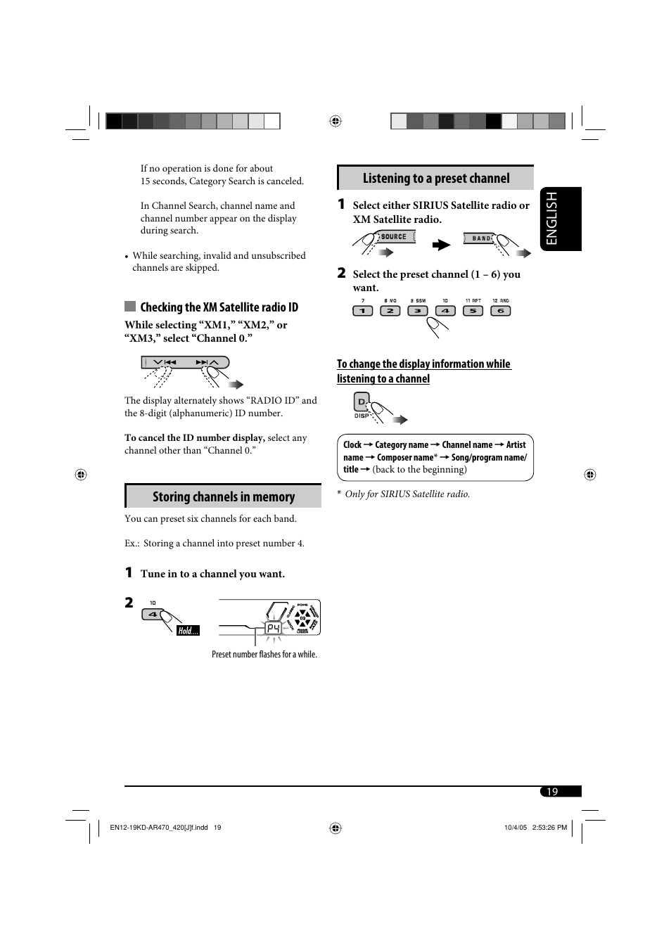 English, Listening to a preset channel, Checking the xm satellite radio id | JVC KD-AR470 User Manual | Page 19 / 140