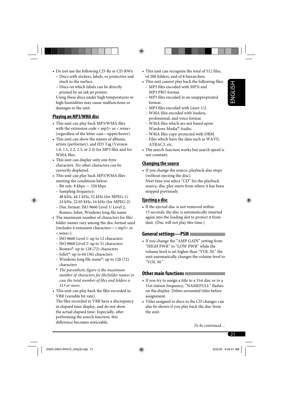 English, General settings—psm, Other main functions | JVC KD-AR470 User Manual | Page 21 / 140