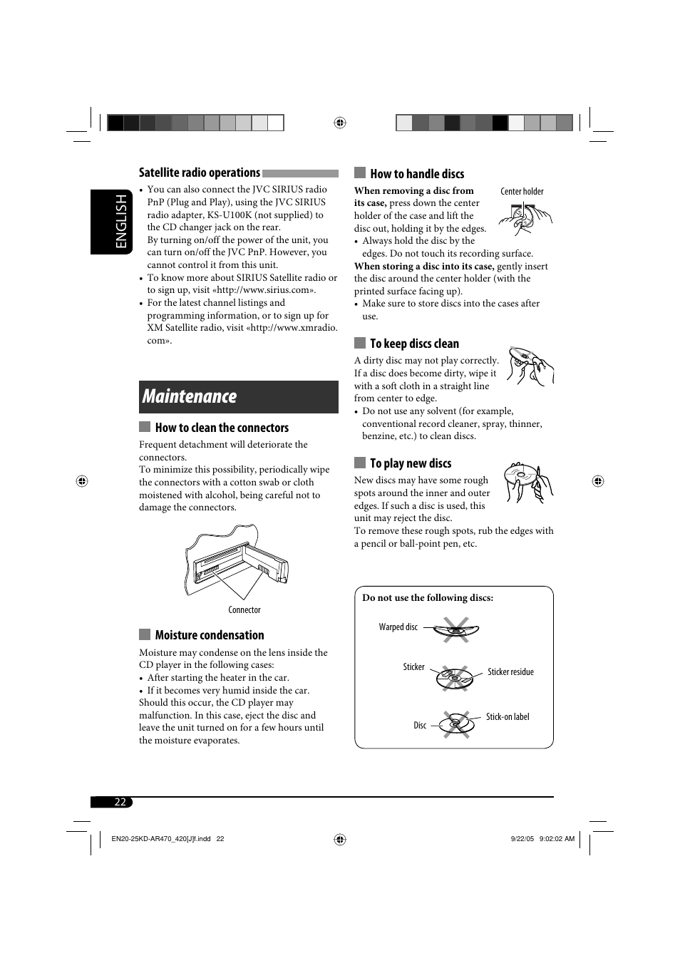 Maintenance, English, Satellite radio operations | How to clean the connectors, Moisture condensation, How to handle discs | JVC KD-AR470 User Manual | Page 22 / 140