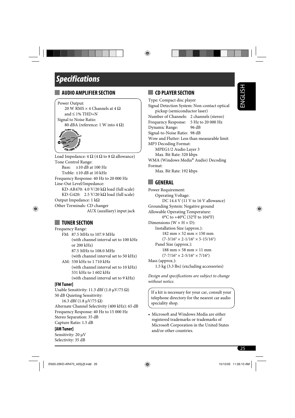 Specifications, English, General | JVC KD-AR470 User Manual | Page 25 / 140