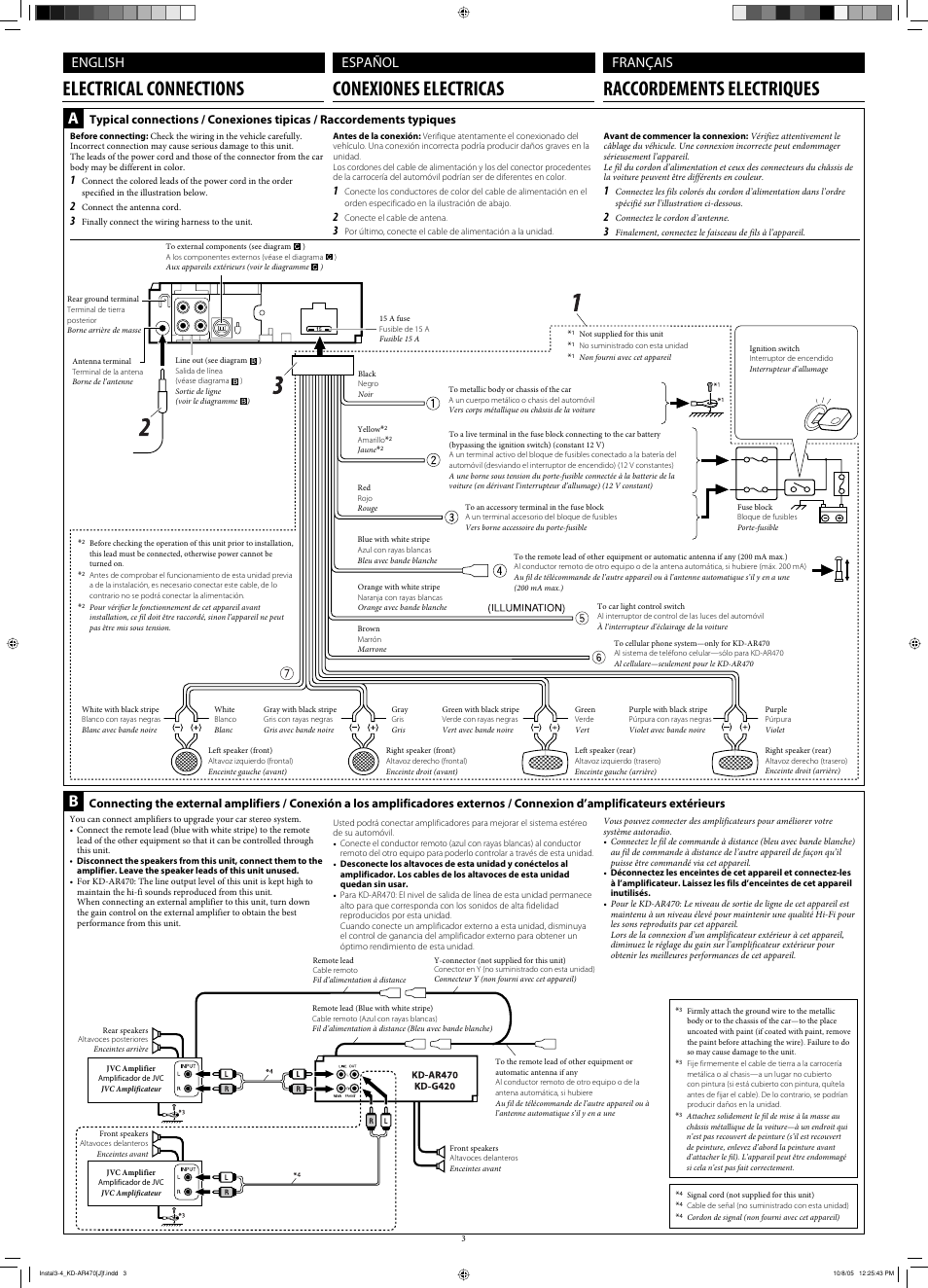 Electrical connections, English, Español français | JVC KD-AR470 User Manual | Page 29 / 140