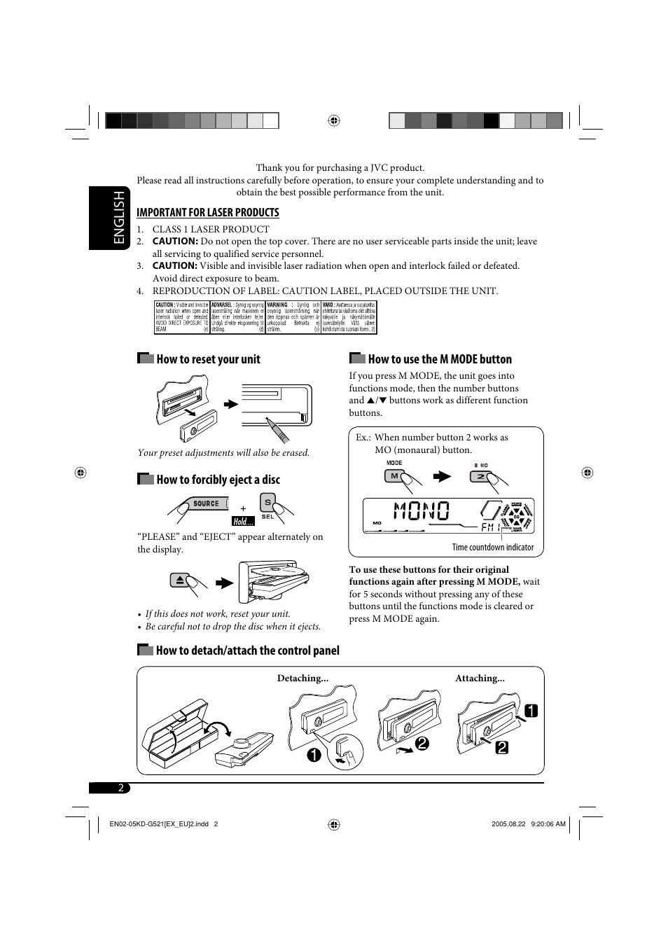 Important for laser products, English, How to detach/attach the control panel | How to reset your unit, How to forcibly eject a disc, How to use the m mode button | JVC KD-AR470 User Manual | Page 32 / 140