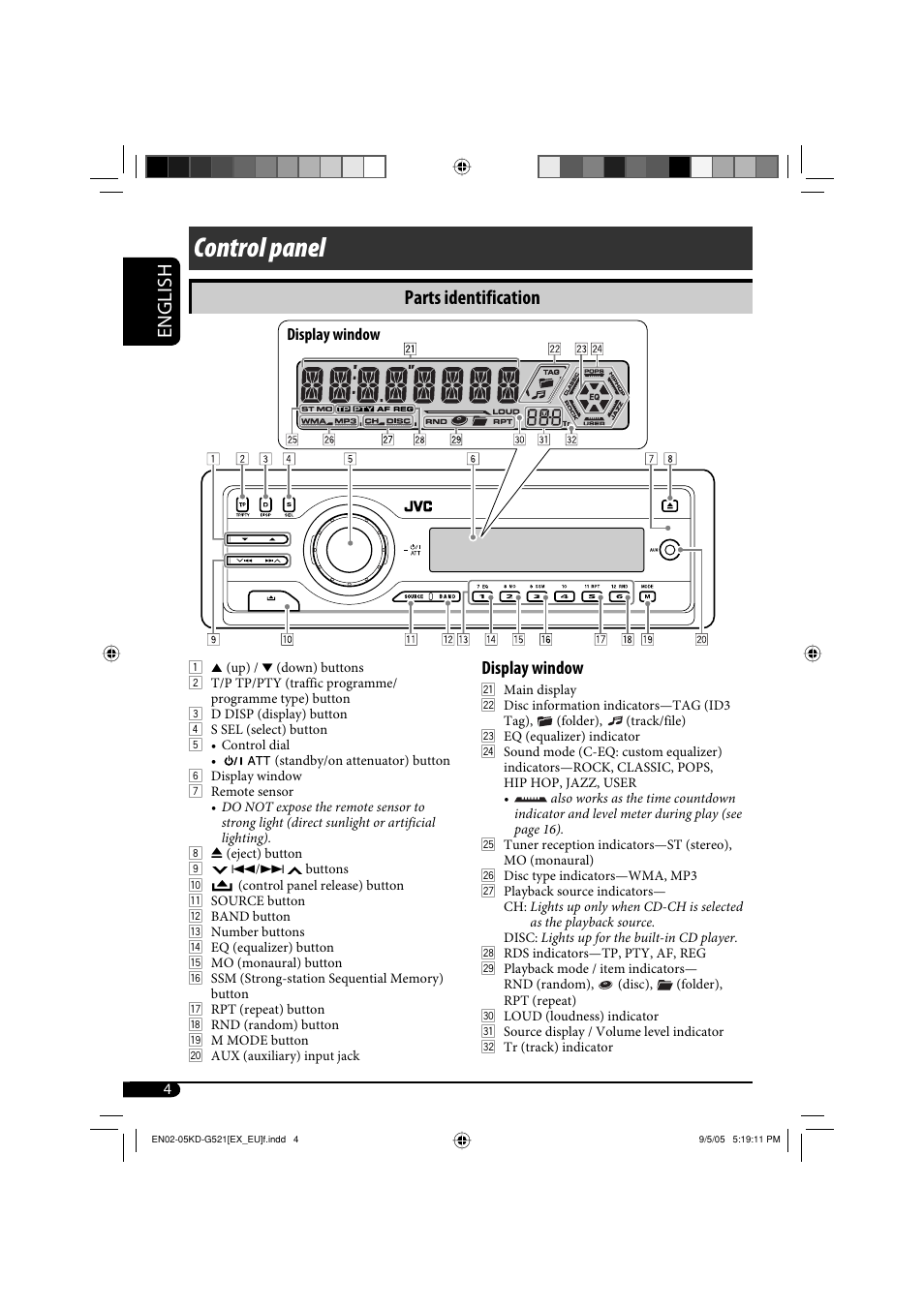 Control panel control, Control panel, English | Parts identification, Display window | JVC KD-AR470 User Manual | Page 34 / 140