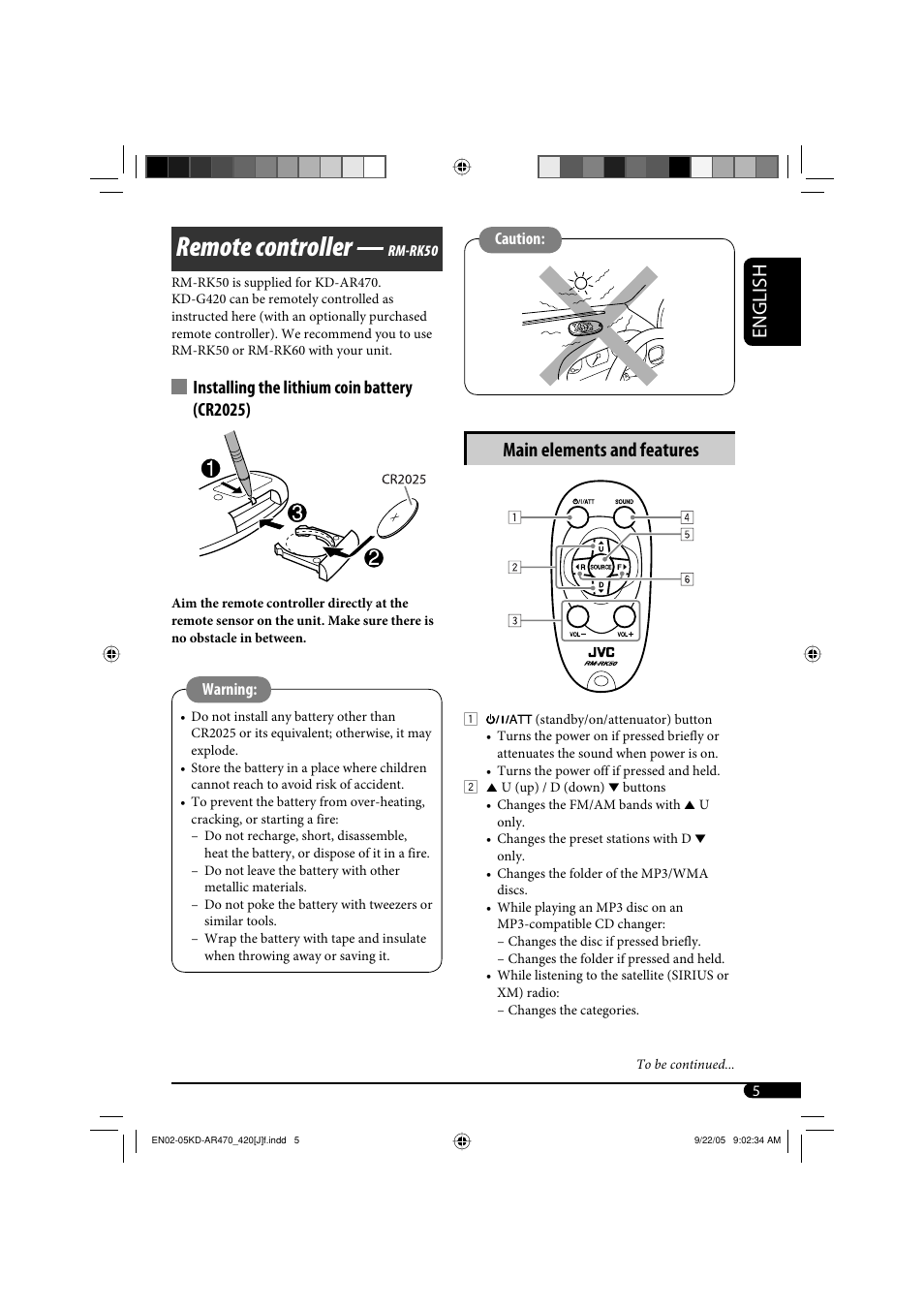 Remote controller, English, Main elements and features | Installing the lithium coin battery (cr2025) | JVC KD-AR470 User Manual | Page 5 / 140