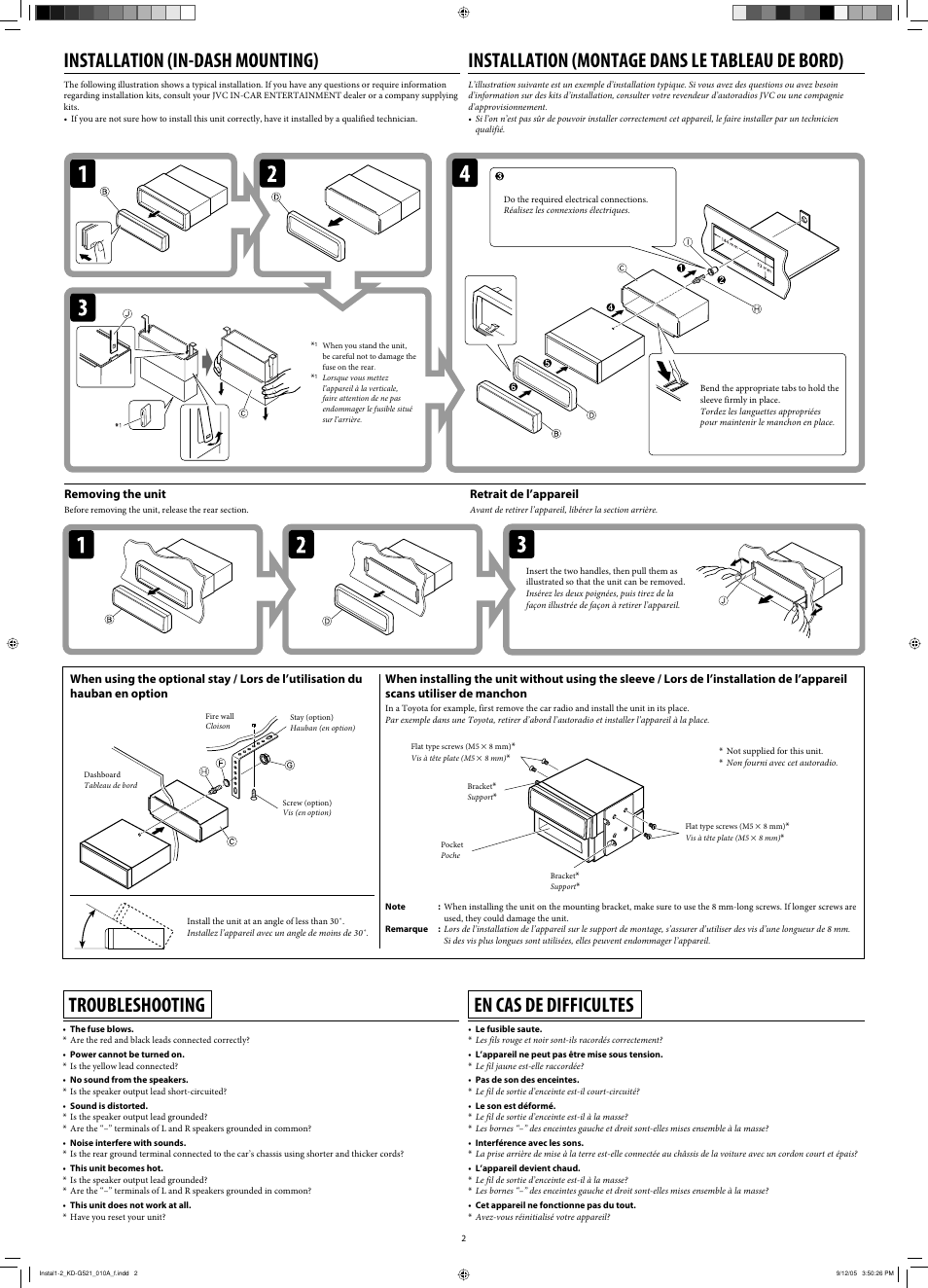 Installation (in-dash mounting), Troubleshooting, Installation (montage dans le tableau de bord) | En cas de difficultes, Removing the unit, Retrait de l’appareil | JVC KD-AR470 User Manual | Page 58 / 140
