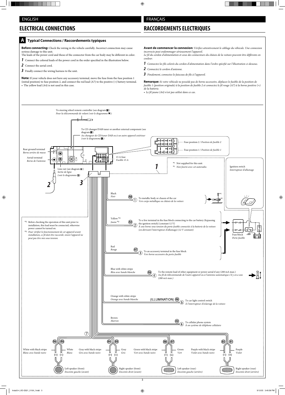 Electrical connections, Electrical connections raccordements electriques, English français | Typical connections / raccordements typiques | JVC KD-AR470 User Manual | Page 59 / 140