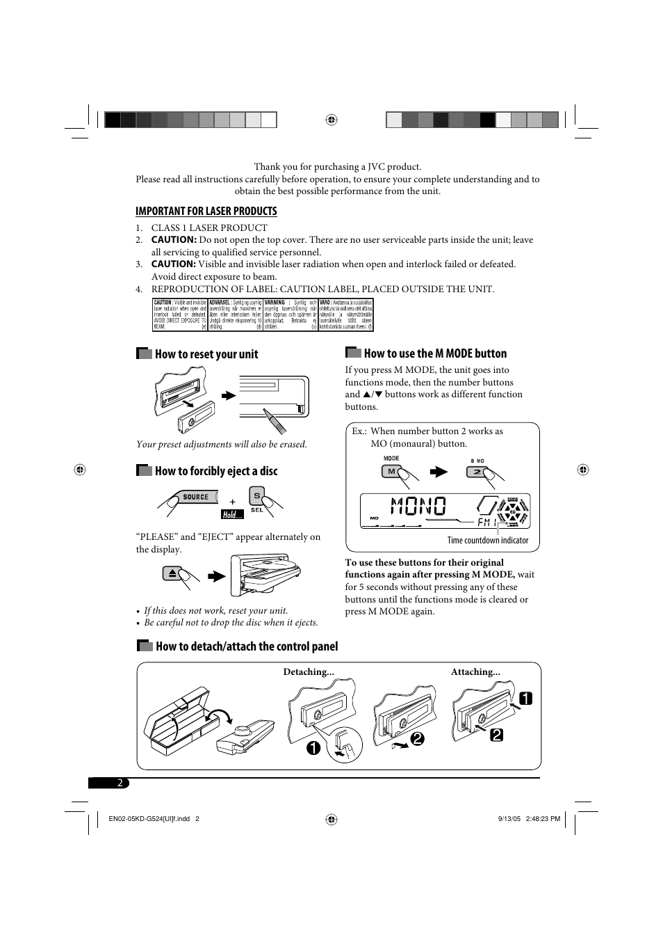 Important for laser products, How to use the m mode button, How to detach/attach the control panel | How to reset your unit, How to forcibly eject a disc | JVC KD-AR470 User Manual | Page 62 / 140