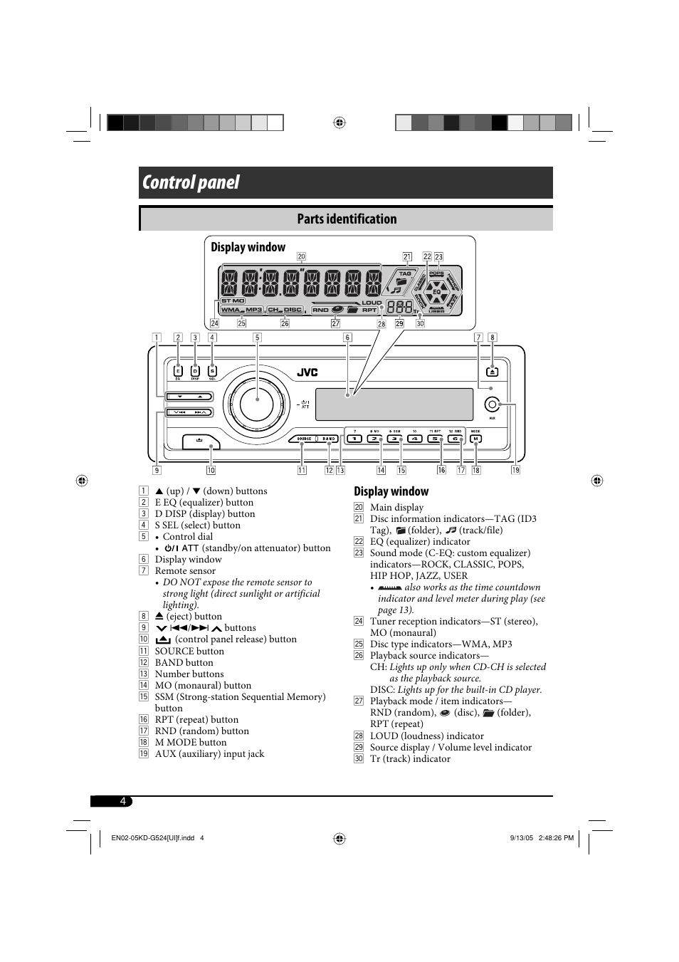 Control panel, Parts identification, Display window | JVC KD-AR470 User Manual | Page 64 / 140