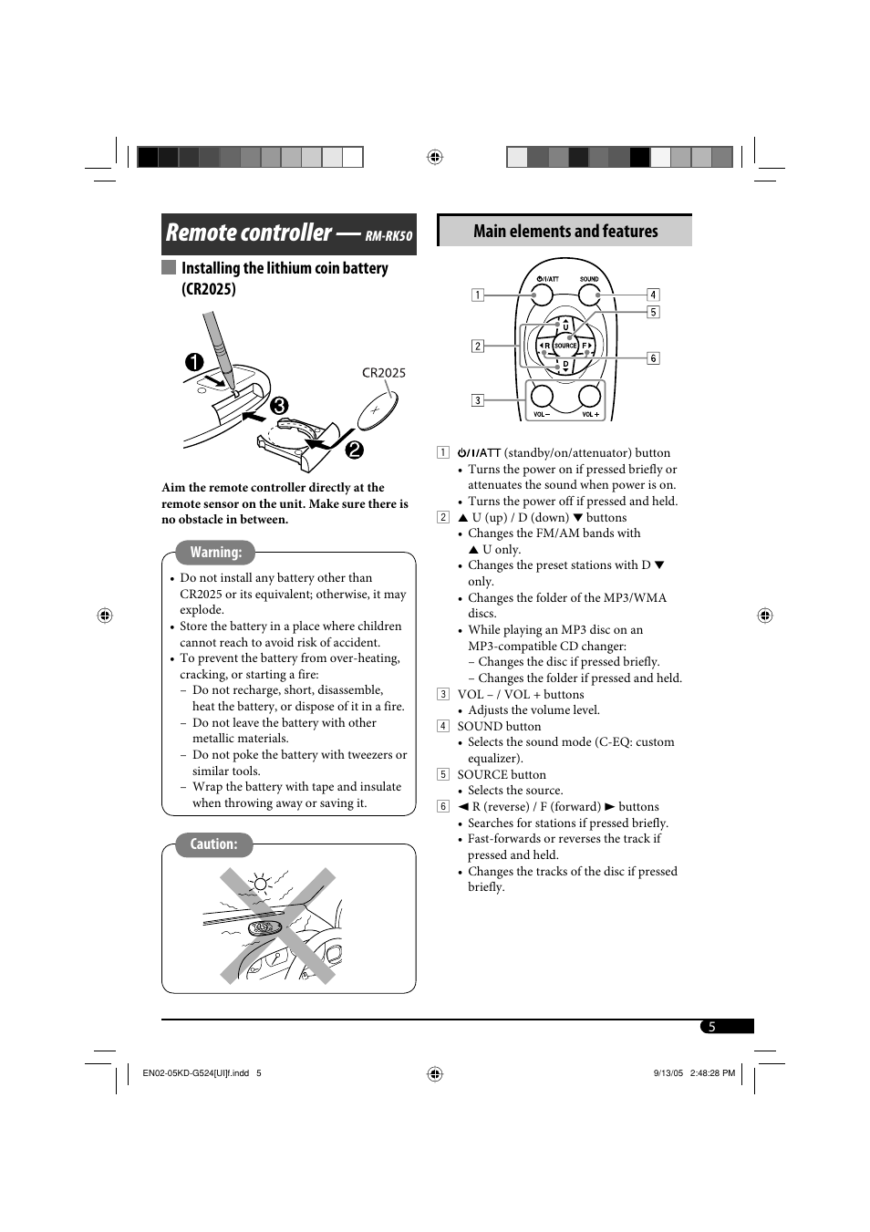 Remote controller — rm-rk50, Remote controller, Main elements and features | Installing the lithium coin battery (cr2025) | JVC KD-AR470 User Manual | Page 65 / 140