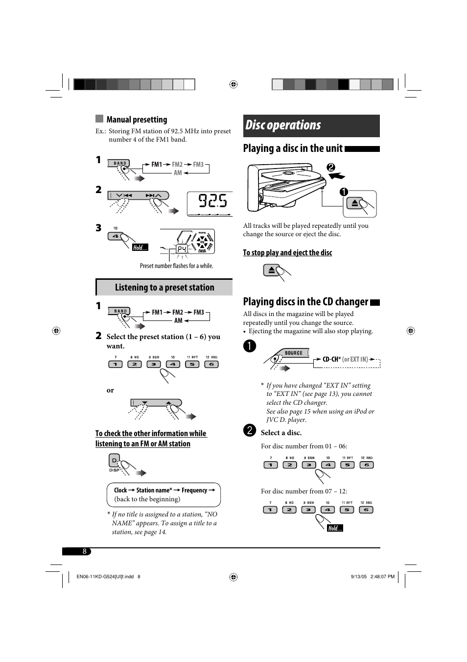 Disc operations, Playing a disc in the unit, Playing discs in the cd changer | JVC KD-AR470 User Manual | Page 68 / 140