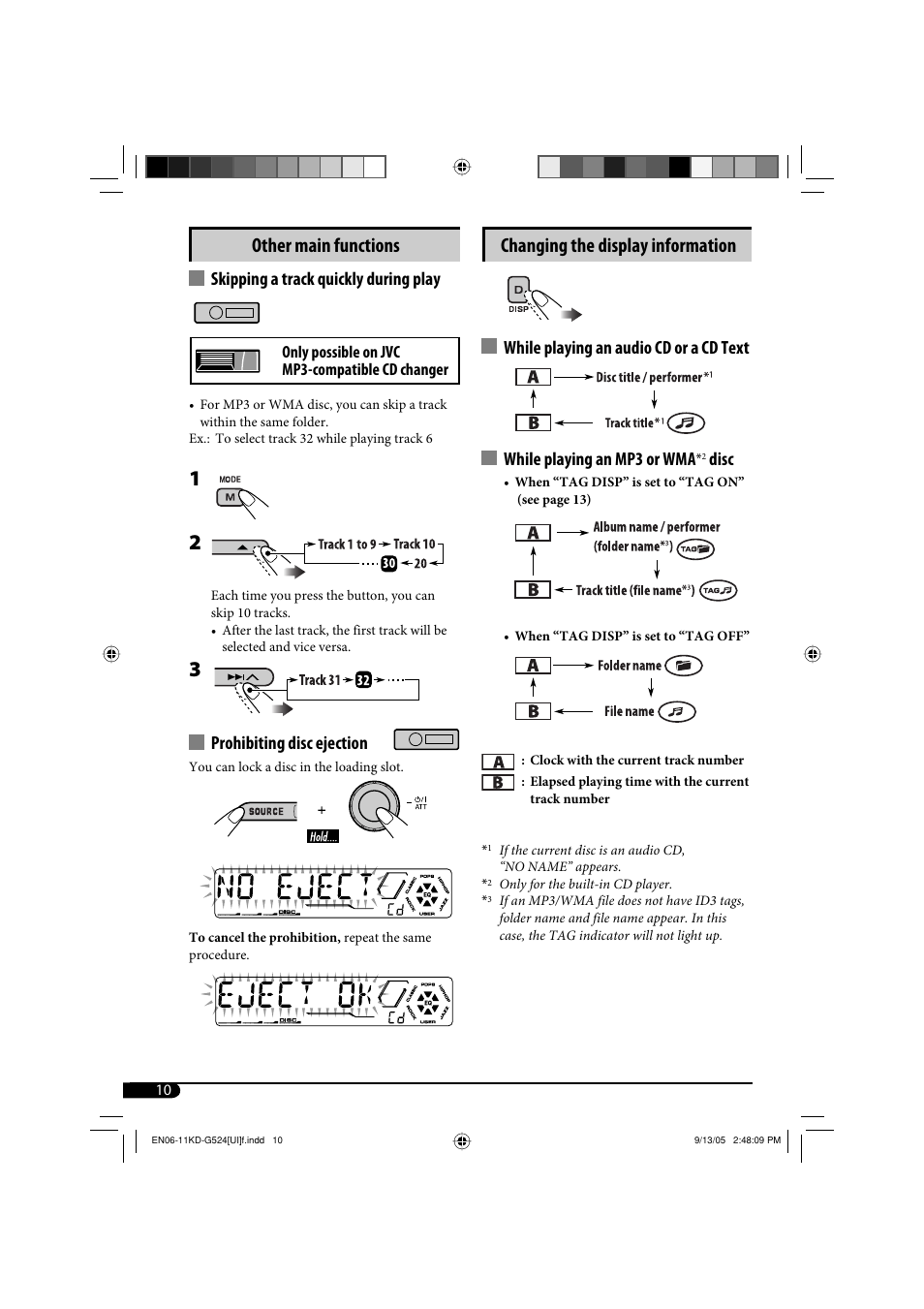 Other main functions, Changing the display information, Skipping a track quickly during play | Prohibiting disc ejection, Disc | JVC KD-AR470 User Manual | Page 70 / 140