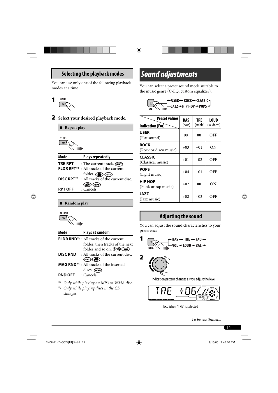 Sound adjustments, Selecting the playback modes, Adjusting the sound | JVC KD-AR470 User Manual | Page 71 / 140