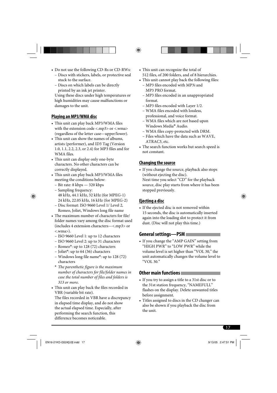 General settings—psm, Other main functions | JVC KD-AR470 User Manual | Page 77 / 140
