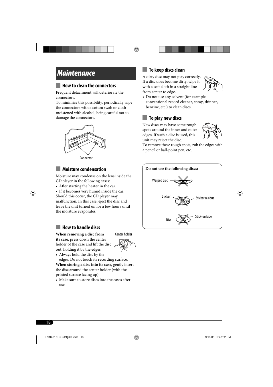 Maintenance, How to clean the connectors, Moisture condensation | How to handle discs | JVC KD-AR470 User Manual | Page 78 / 140