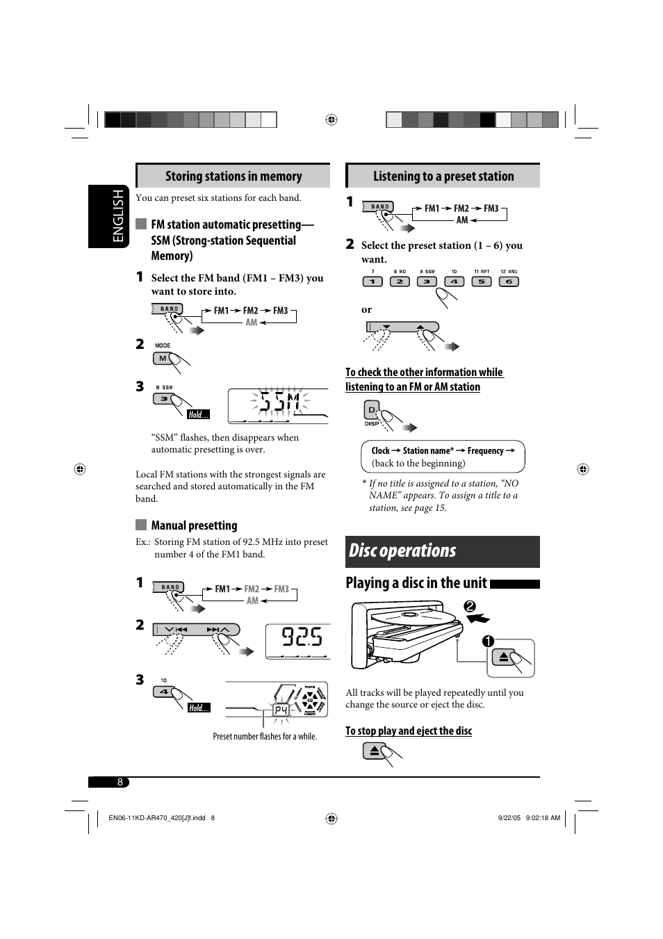 Disc operations, Playing a disc in the unit | JVC KD-AR470 User Manual | Page 8 / 140