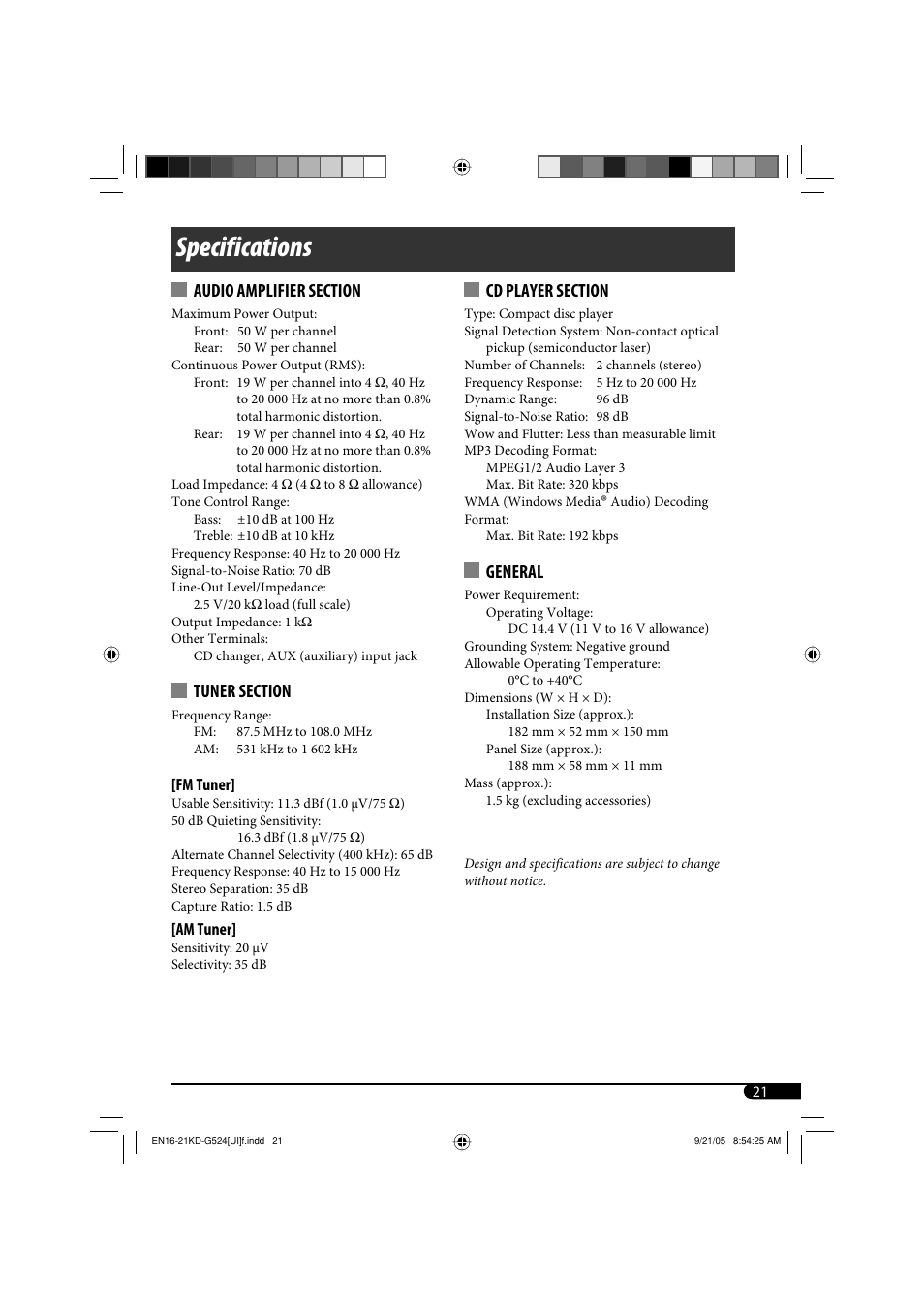 Specifications, General | JVC KD-AR470 User Manual | Page 81 / 140