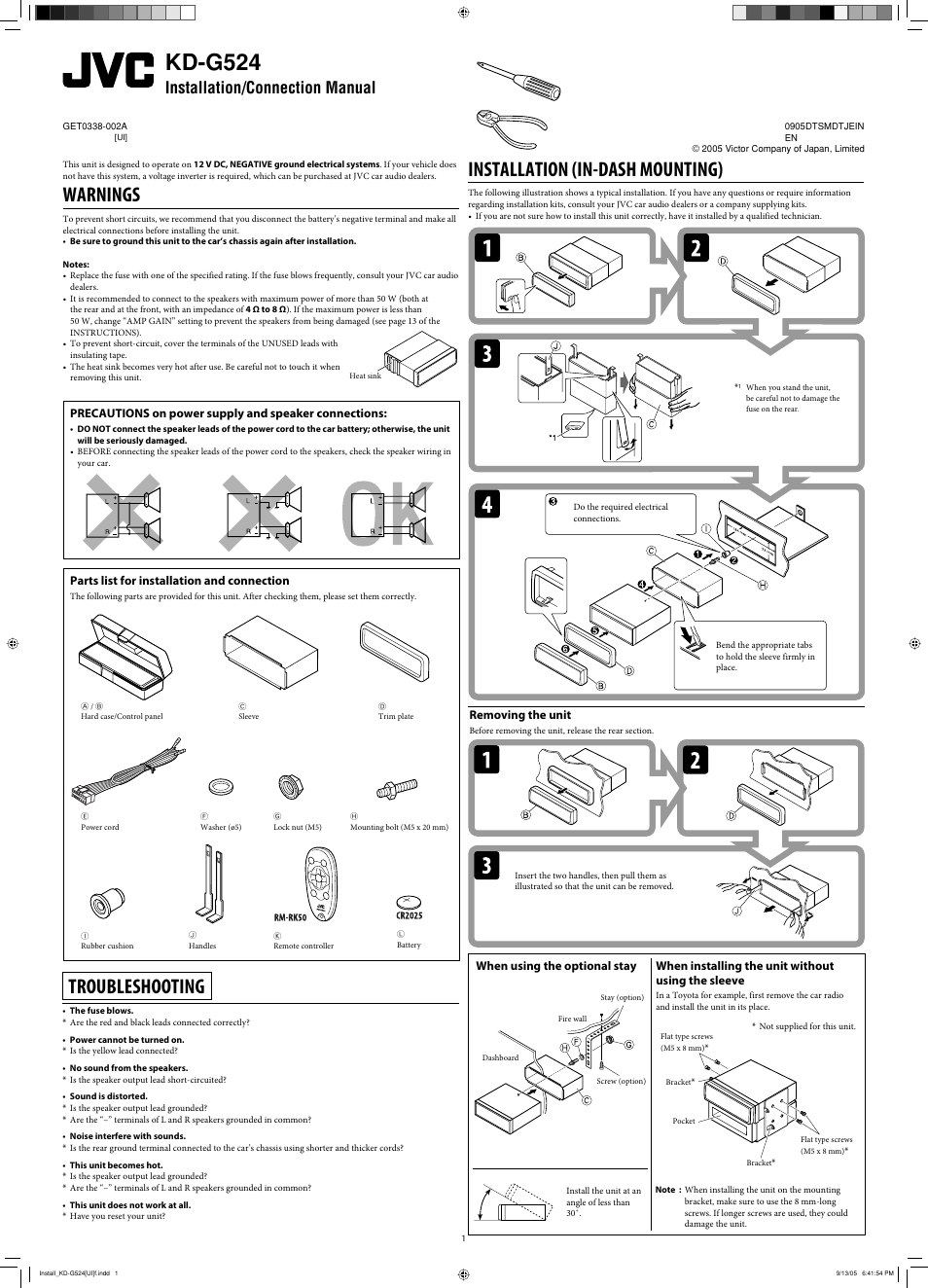 Installation/connection manual, Warnings, Troubleshooting | Installation (in-dash mounting), Kd-g524, Parts list for installation and connection, Removing the unit, When installing the unit without using the sleeve, When using the optional stay | JVC KD-AR470 User Manual | Page 83 / 140