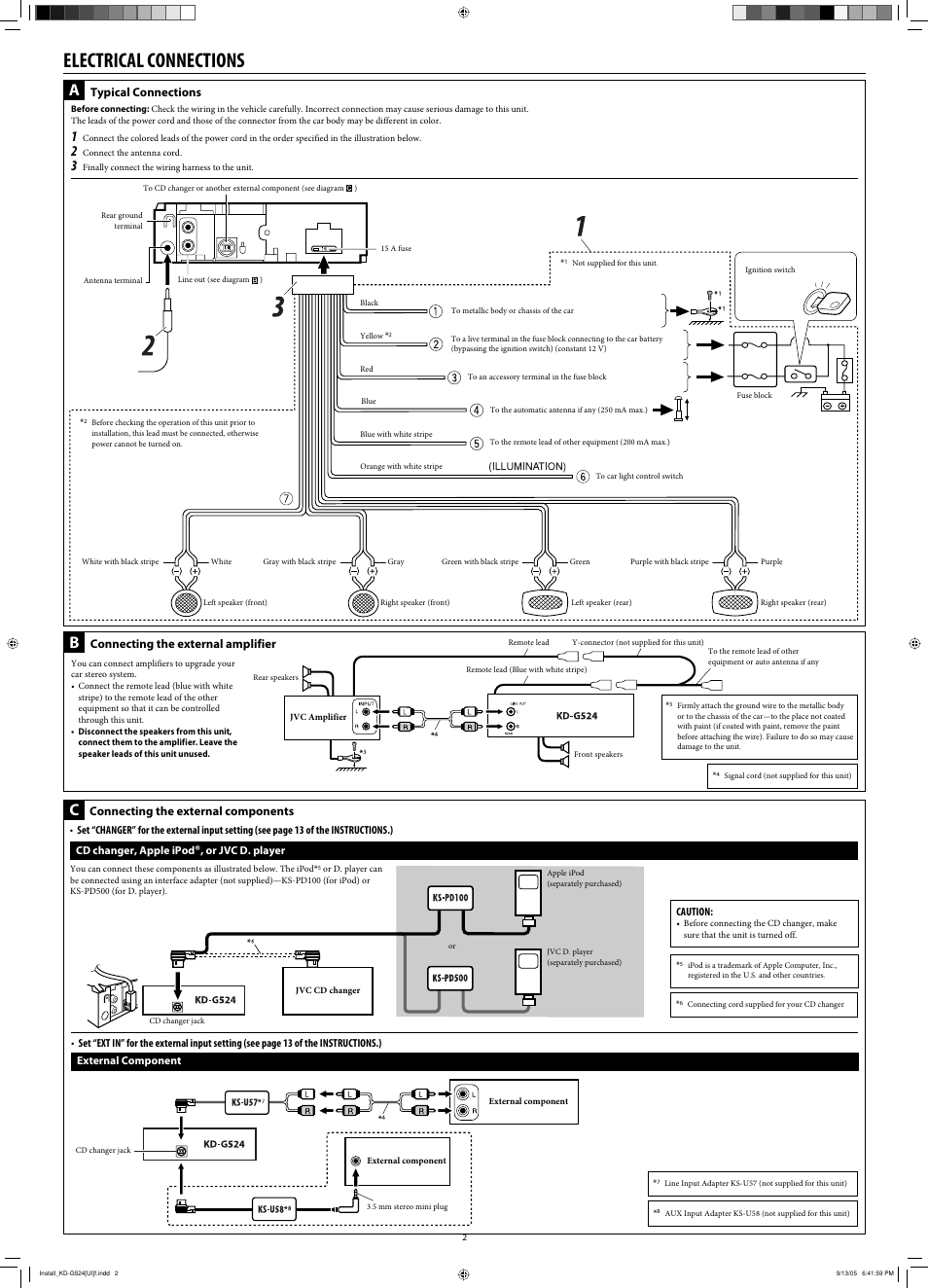Electrical connections, Typical connections, Connecting the external amplifier | Connecting the external components, External component, Cd changer, apple ipod, Or jvc d. player | JVC KD-AR470 User Manual | Page 84 / 140