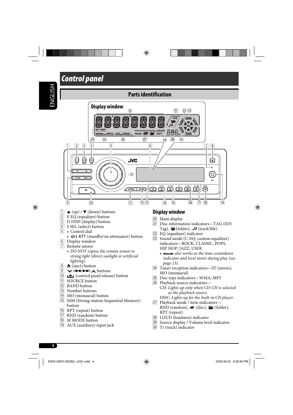 Control panel control, Control panel, English | Parts identification, Display window | JVC KD-AR470 User Manual | Page 88 / 140