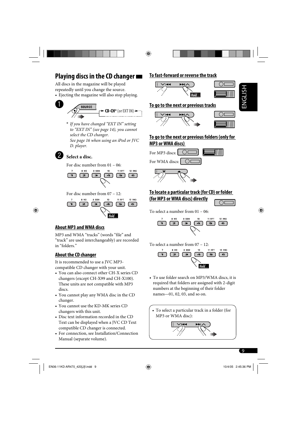 Playing discs in the cd changer, English | JVC KD-AR470 User Manual | Page 9 / 140