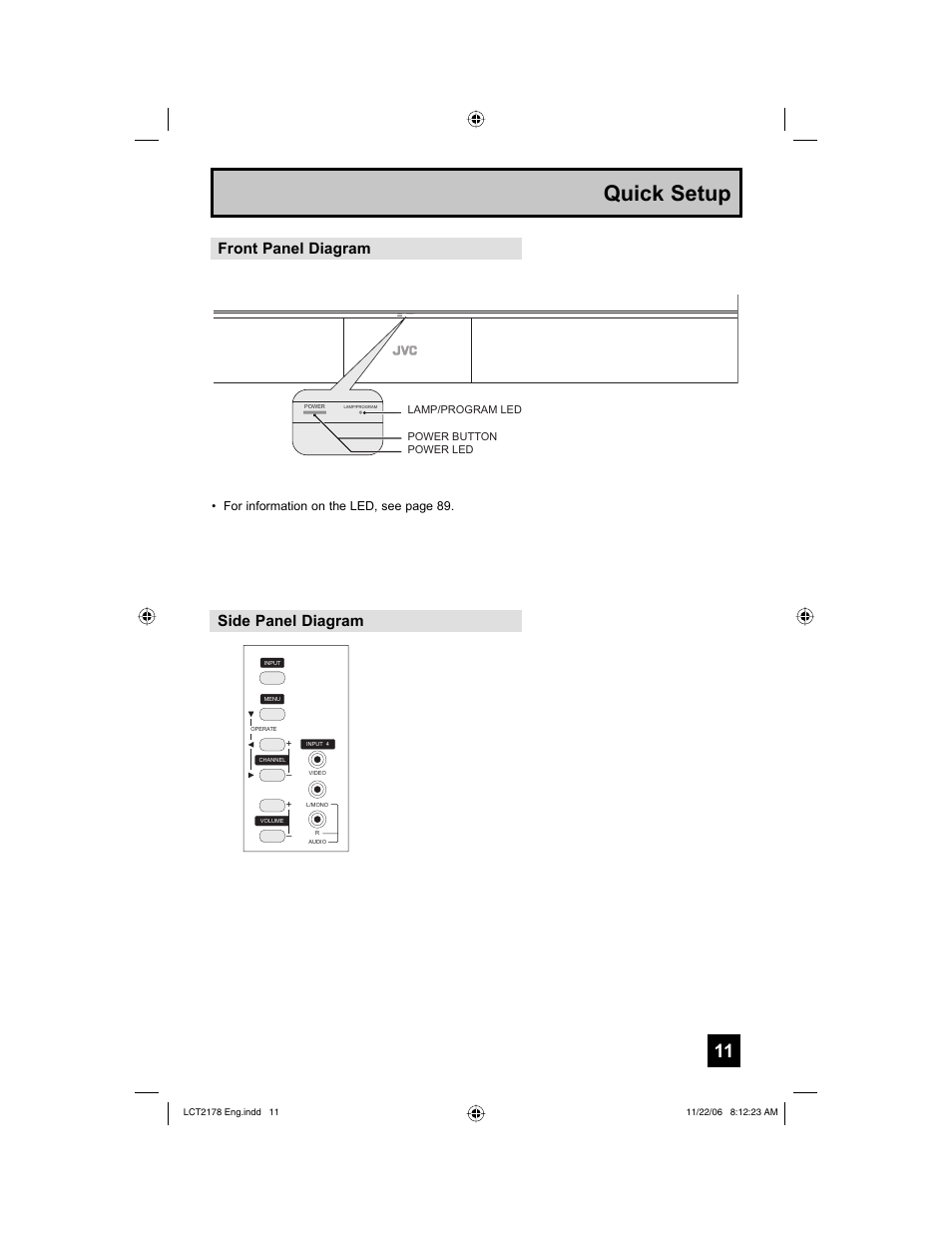 Front panel diagram, Side panel diagram, Quick setup | Power lamp/program | JVC HD-P61R2U User Manual | Page 11 / 96