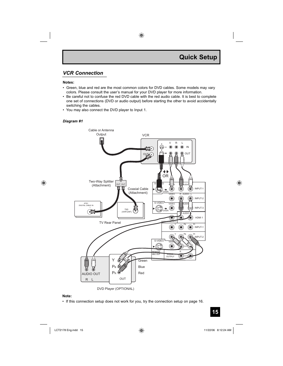 Quick setup, Vcr connection, Or y p | JVC HD-P61R2U User Manual | Page 15 / 96