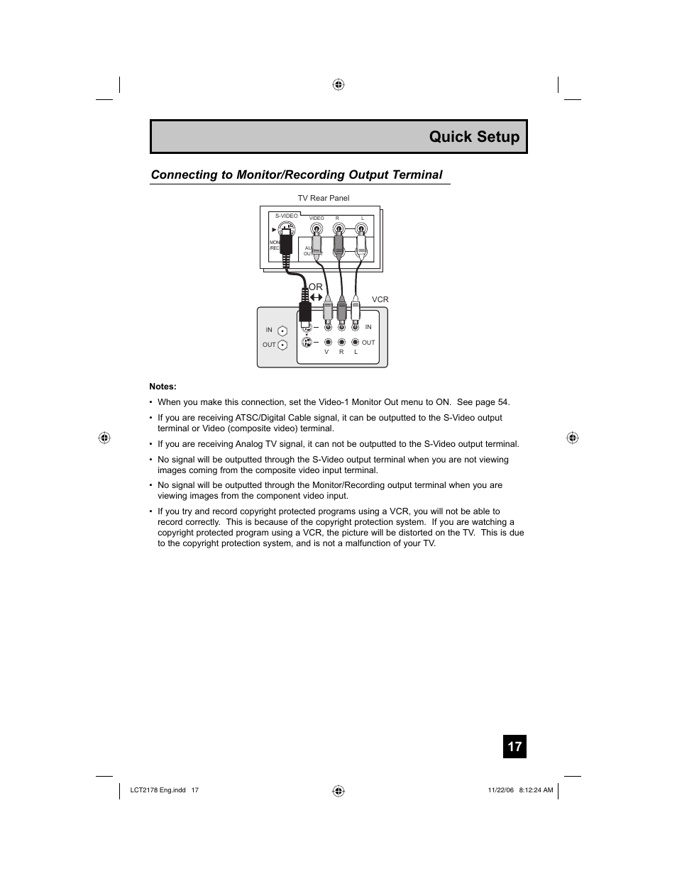 Quick setup, Connecting to monitor/recording output terminal | JVC HD-P61R2U User Manual | Page 17 / 96