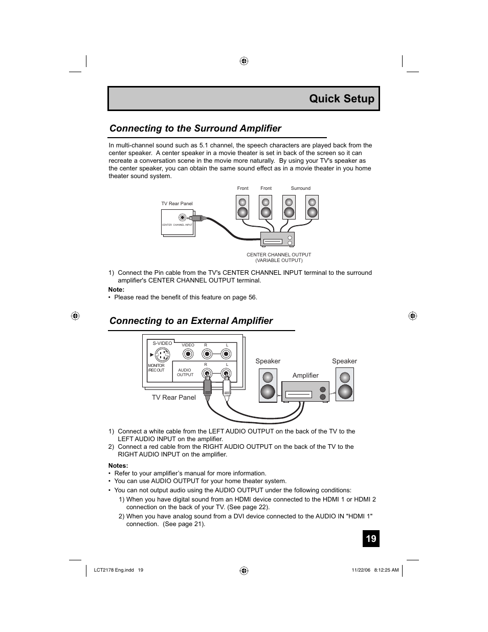 Quick setup, Connecting to the surround amplifier, Connecting to an external amplifier | JVC HD-P61R2U User Manual | Page 19 / 96