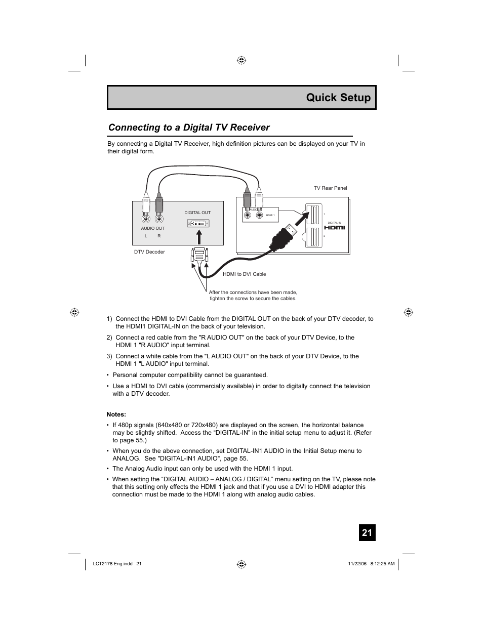 Quick setup, Connecting to a digital tv receiver | JVC HD-P61R2U User Manual | Page 21 / 96