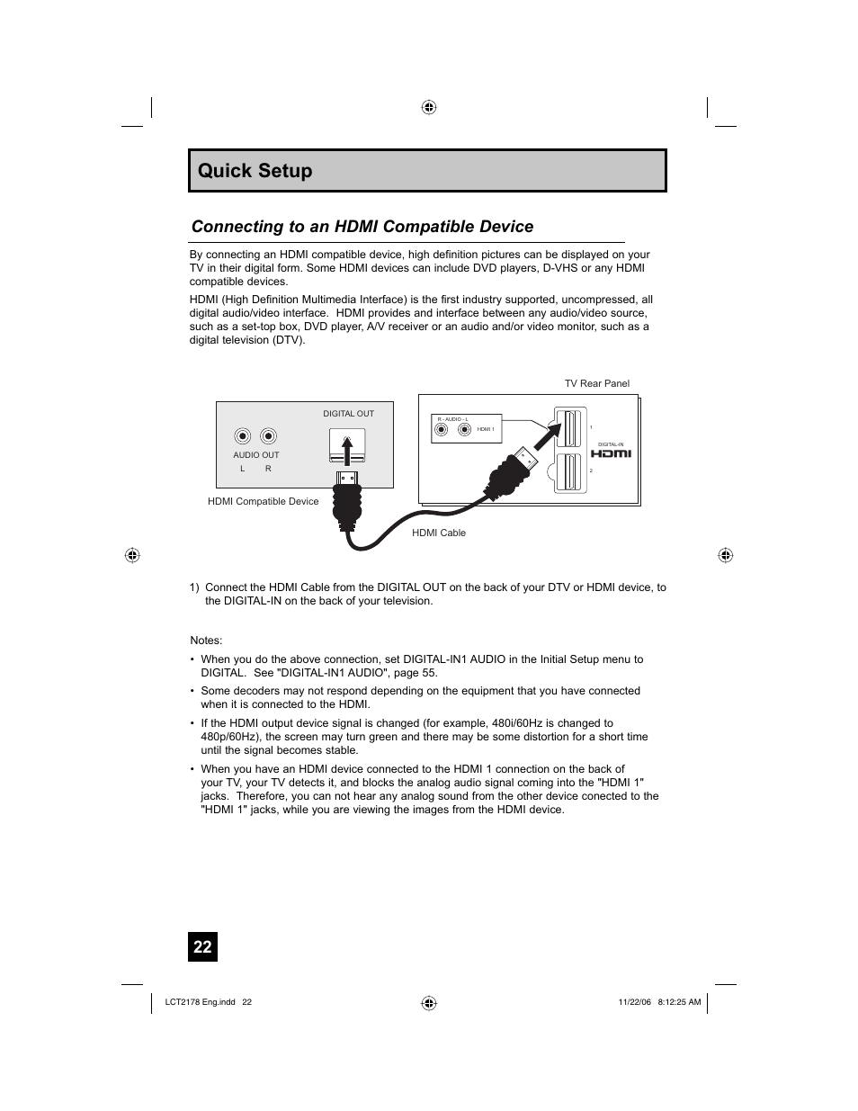 Quick setup, Connecting to an hdmi compatible device | JVC HD-P61R2U User Manual | Page 22 / 96
