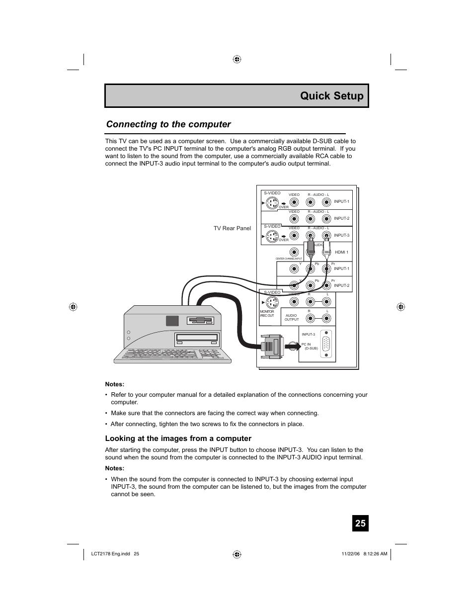 Quick setup, Connecting to the computer, Looking at the images from a computer | JVC HD-P61R2U User Manual | Page 25 / 96